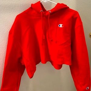 Red cropped Champion hoodie